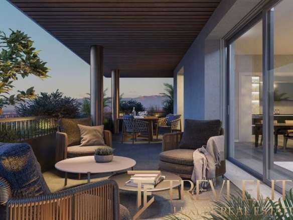 Элитная терраса с уютной мебелью и панорамным видом на вечерний пейзаж, идеальное место для отдыха и встреч.