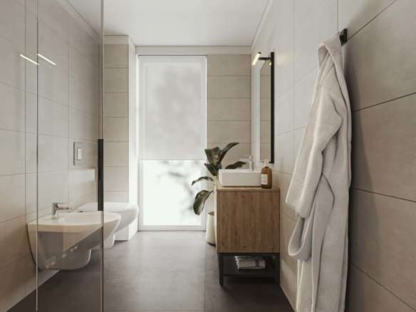 Элегантная современная ванная комната с минималистским дизайном, светлыми оттенками и стильными элементами интерьера, созданная для роскошных итальянских и международных объектов недвижимости Треви Элит.