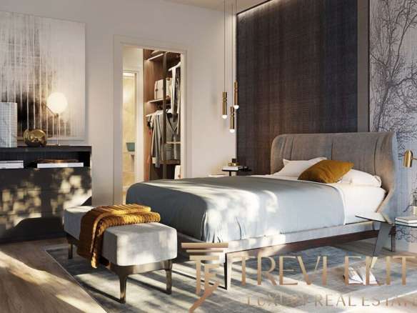 Элитная спальня с современным дизайном, яркими акцентами и уютной атмосферой, идеально подходящей для проживания роскошных личностей.