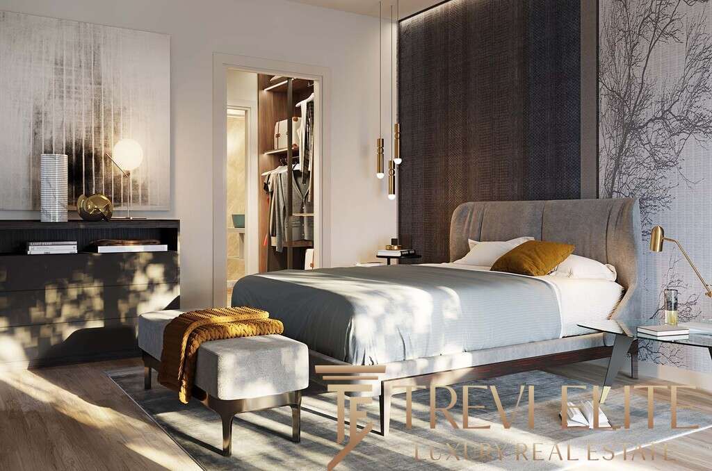 Элитная спальня с современным дизайном, яркими акцентами и уютной атмосферой, идеально подходящей для проживания роскошных личностей.