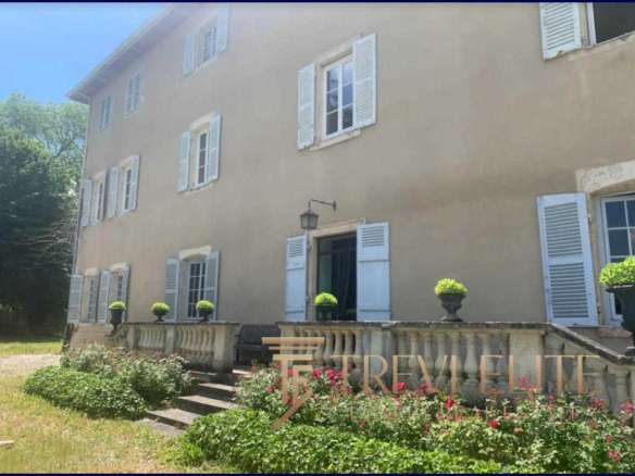 Элегантный классический дом с белыми окнами и зелеными насаждениями у входа, расположенный в живописном месте с деревьями на заднем плане, демонстрирующий роскошь и уединение.