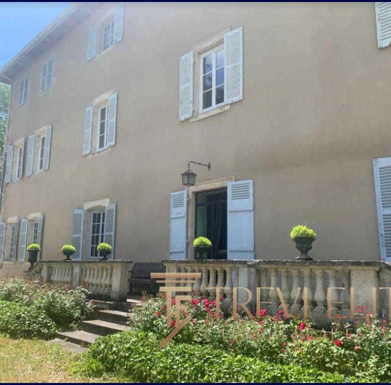 Элегантный классический дом с белыми окнами и зелеными насаждениями у входа, расположенный в живописном месте с деревьями на заднем плане, демонстрирующий роскошь и уединение.