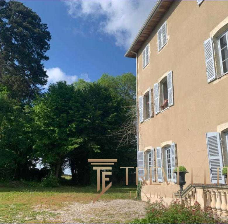 Элитный загородный дом с белыми французскими окнами и уютным садом в окружении зелени, представляет престижную недвижимость для взыскательных клиентов.