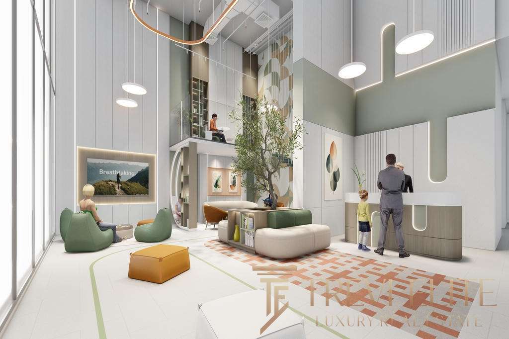 Современный интерьер элитного лобби с уютной зоной отдыха, дизайном в светлых тонах, мягкой мебелью и элементами современного искусства. Идеальный зал для встречи VIP-клиентов и проведения эксклюзивных мероприятий.