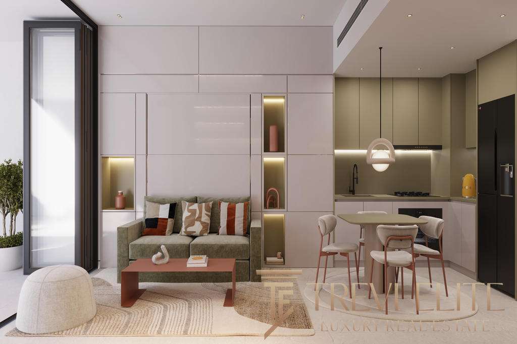Современная интерьерная гостиная с кухней в стильном минимализме, светлыми оттенками и уютными элементами дизайна. Идеальное пространство для комфорта и роскоши в элитной недвижимости Треви Элит.