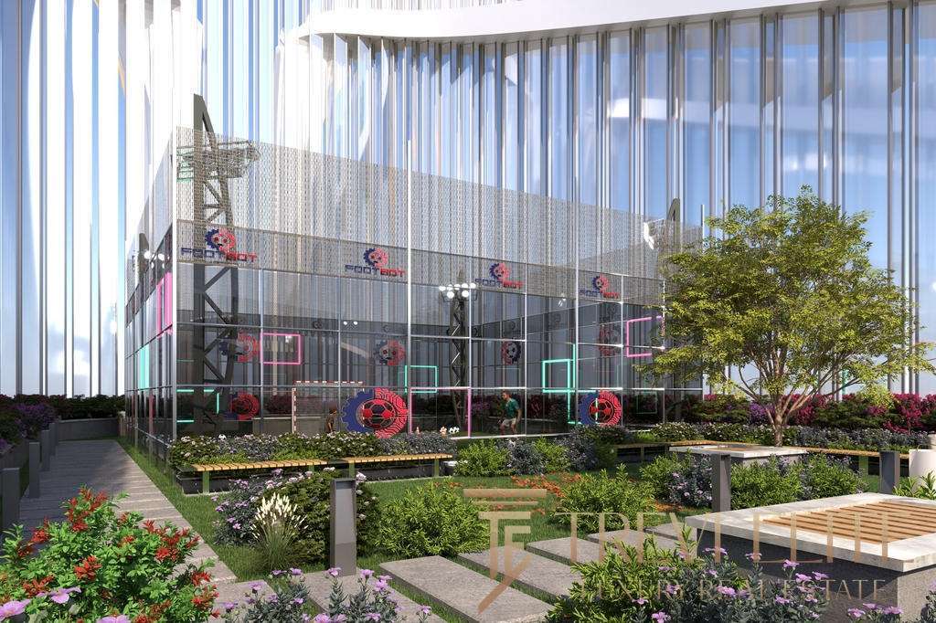 Элегантный современный коммерческий и бизнес-центр с ярким фасадом и зеленой зоной, идеально подходящий для деловых мероприятий и встреч в центре города.