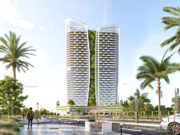 Современный жилой комплекс с двумя небоскребами и зеленой зоной, окруженной пальмами, на фоне голубого неба, в престижном районе города.
