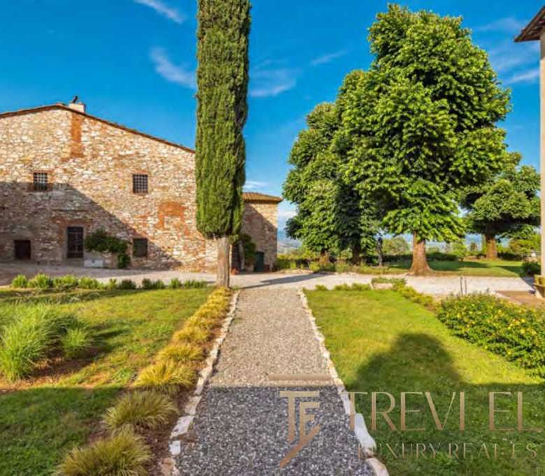 Уютная деревенская территория с историческими кирпичными зданиями, живописной зеленью и ярким голубым небом, идеально отражающая атмосферу элитной недвижимости Треви Элит.