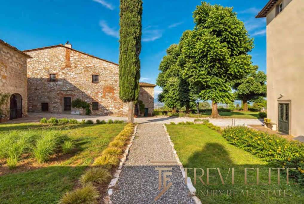 Уютная деревенская территория с историческими кирпичными зданиями, живописной зеленью и ярким голубым небом, идеально отражающая атмосферу элитной недвижимости Треви Элит.