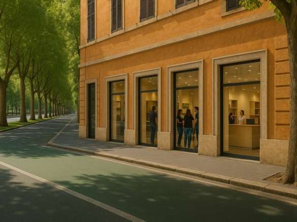 Элегантное здание агентства недвижимости Треви Элит на фоне зеленых деревьев, современный фасад, профессиональный интерьер, высокий уровень обслуживания эксклюзивных клиентов.