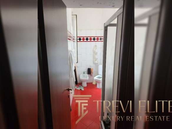 Современная ванная комната с аккуратным дизайном, красным полом и белыми стенами, оборудованная с душевой кабиной и туалетом, идеально подойдет для роскошных элитных апартаментов.