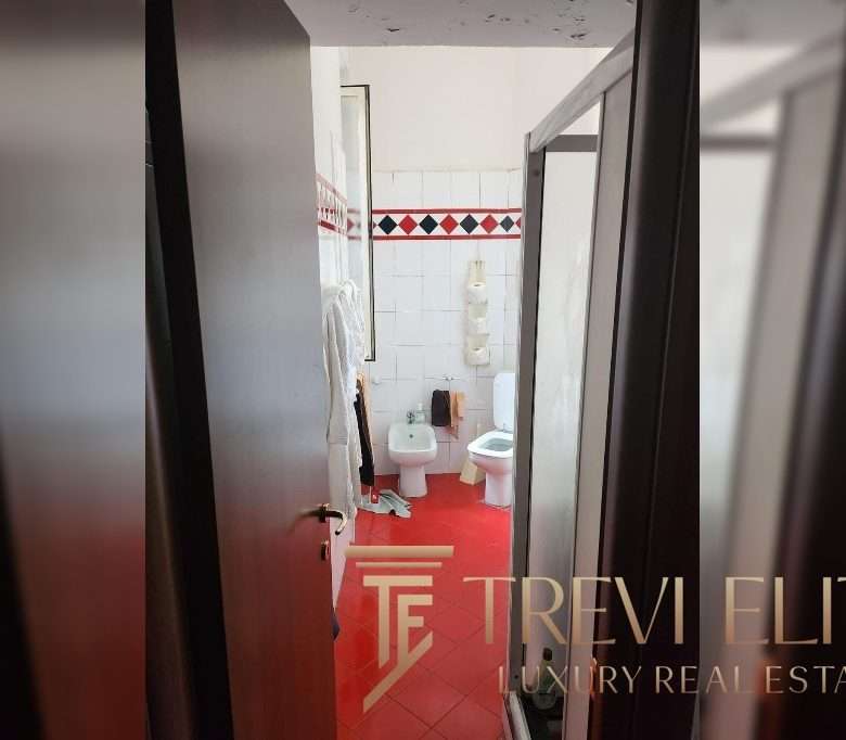 Современная ванная комната с аккуратным дизайном, красным полом и белыми стенами, оборудованная с душевой кабиной и туалетом, идеально подойдет для роскошных элитных апартаментов.