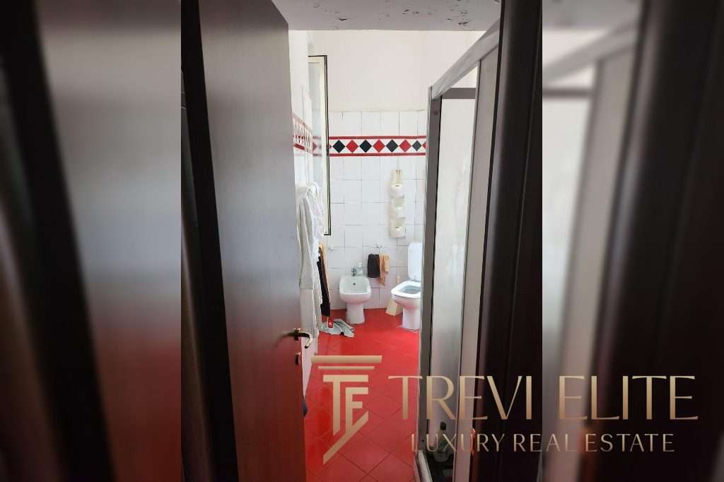 Современная ванная комната с аккуратным дизайном, красным полом и белыми стенами, оборудованная с душевой кабиной и туалетом, идеально подойдет для роскошных элитных апартаментов.