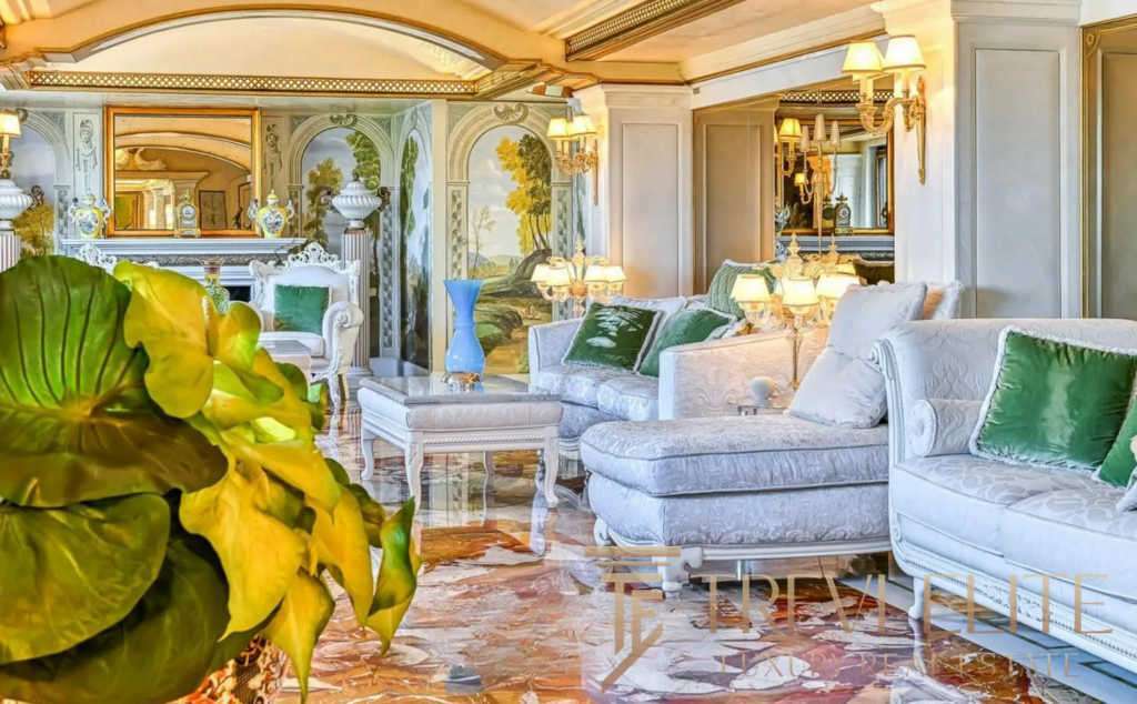 Роскошная гостиная с классической мебелью, художественным дизайном и мягким освещением, создающая уют и изысканность в престижных апартаментах Треви Элит.