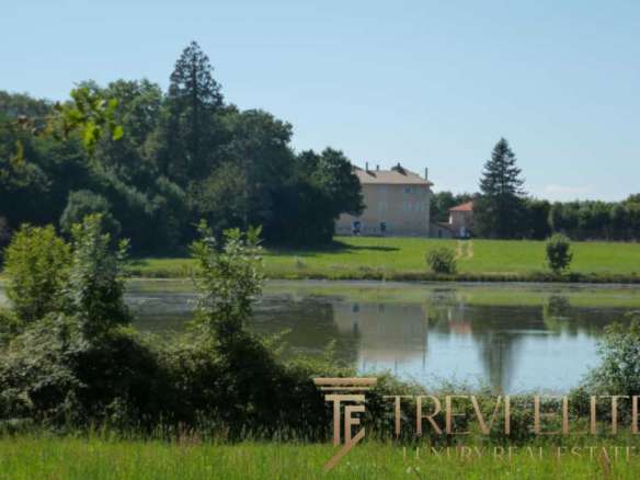 Объемный пейзаж на берегу озера с домом и окружающей природой в солнечный день, идеально подходит для элитной недвижимости за границей.