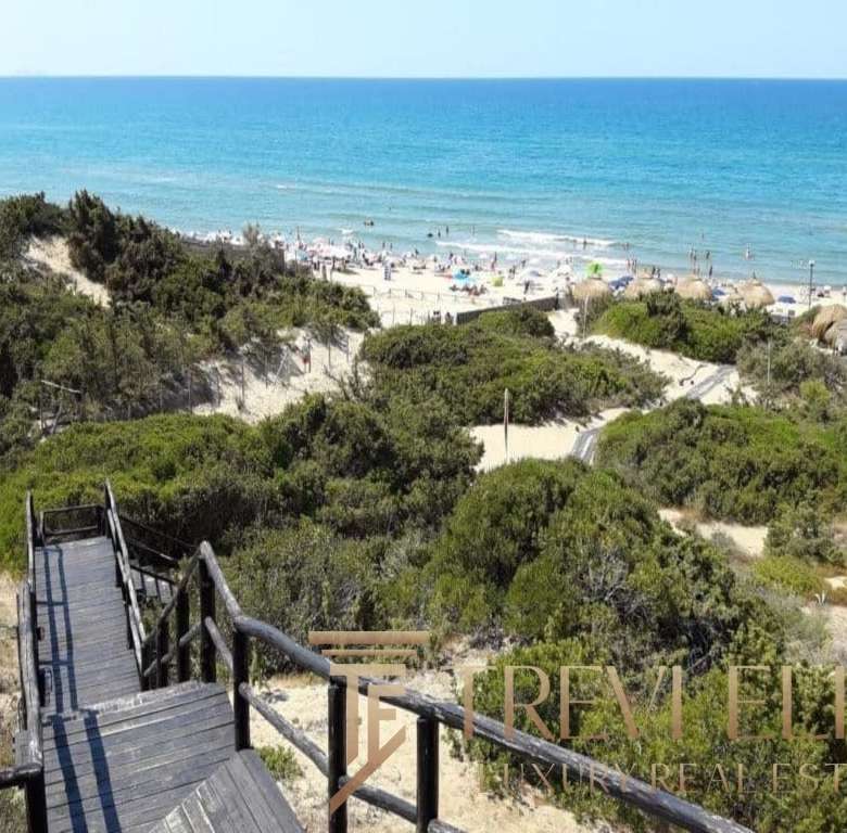 Золотой песчаный пляж с шезлонгами, пляжные зонтики и море, окружённое зеленью и прибрежными террасами, идеальное место для отдыха и наслаждения солнцем.