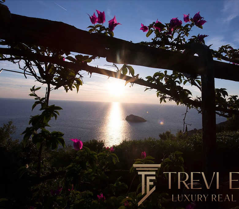 Вид на морской закат через цветущую виноградную лозу с озером и островом на горизонте, создающий романтичную атмосферу и подчеркивающий элитность недвижимости.