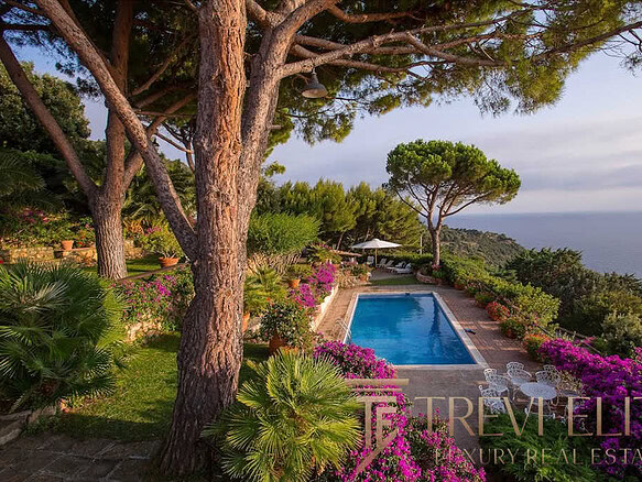 Роскошный бассейн на фоне живописных зеленых насаждений и моря, окруженный цветущими кустарниками и пышной растительностью, создает атмосферу уединения и великолепия.