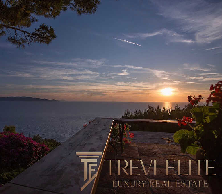 Восхитительный закат над морем с видом на остров, окружённый зеленью и яркими цветами, передающий атмосферу роскоши и эксклюзивности элитной недвижимости.