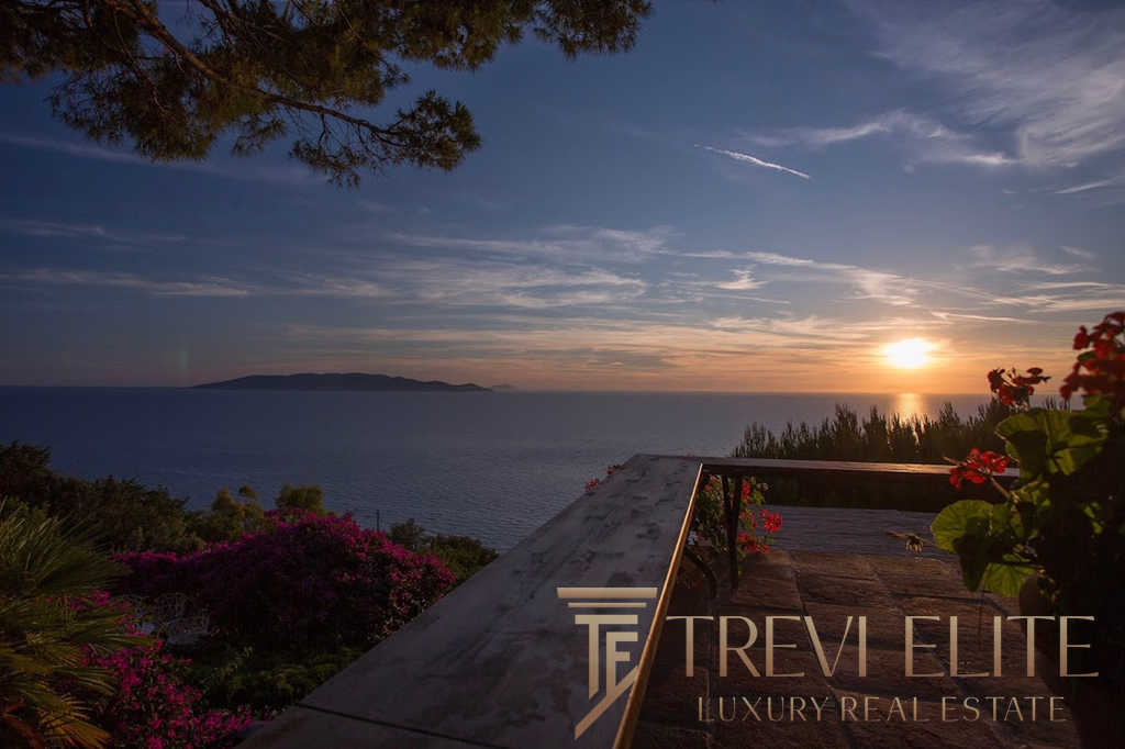Восхитительный закат над морем с видом на остров, окружённый зеленью и яркими цветами, передающий атмосферу роскоши и эксклюзивности элитной недвижимости.