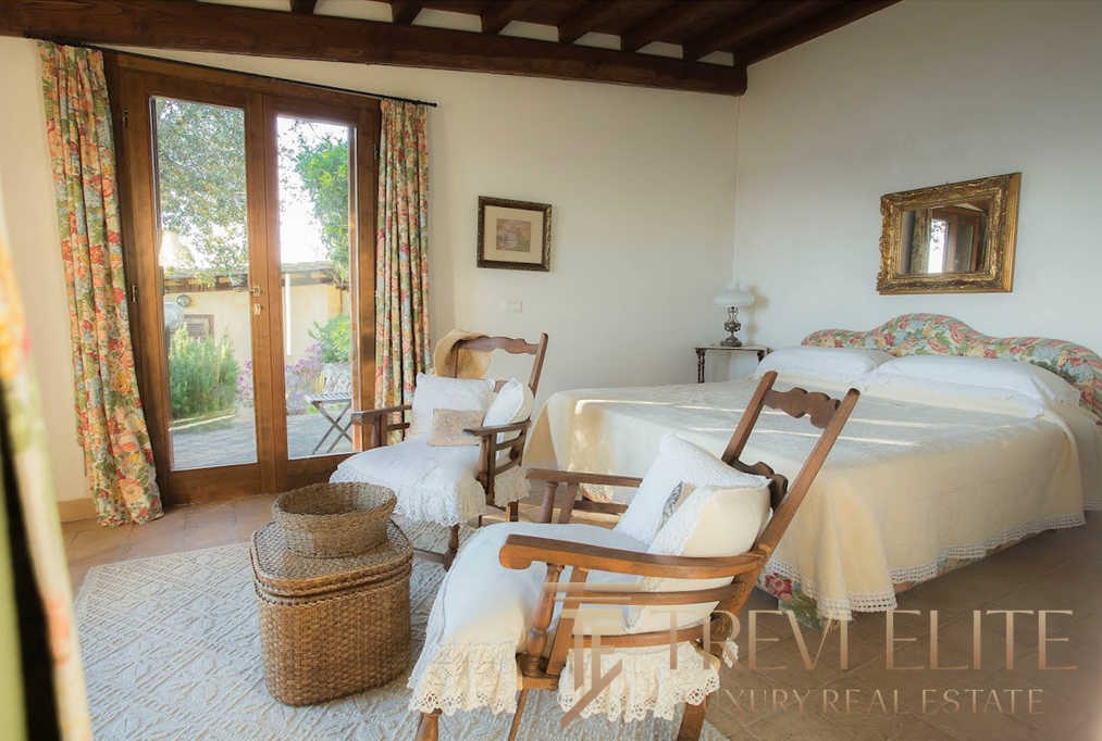 Уютная спальня с деревянной отделкой, зелёными видами на улицу через большие окна, изящной мебелью и романтическим декором, создающая атмосферу уютного дома.