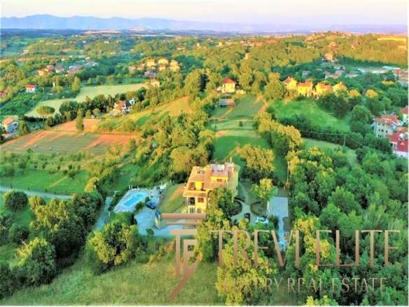 Вид на зеленую загородную местность с роскошным коттеджем и бассейном, окруженный деревьями и живописными пейзажами, привлекательный объект элитной недвижимости.
