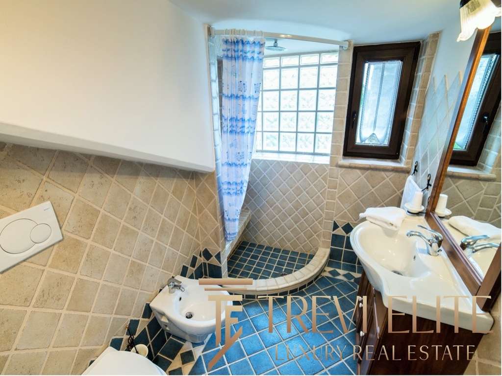 Современная роскошная ванная комната с душевой кабиной, умывальником и большими окнами, создающими светлую и уютную атмосферу в элитной недвижимости Треви Элит.