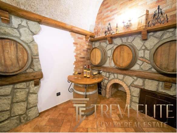 Барrels и винные бочки в уютной винной комнате с каменной отделкой и мягким освещением, идеально подходящей для любителей вин и элитных дегустаций.