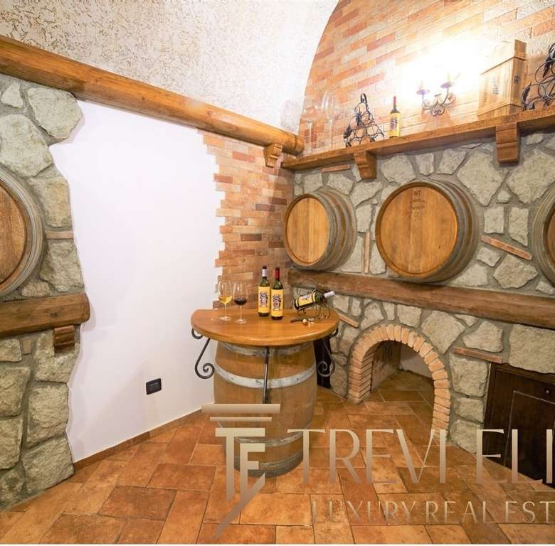 Барrels и винные бочки в уютной винной комнате с каменной отделкой и мягким освещением, идеально подходящей для любителей вин и элитных дегустаций.