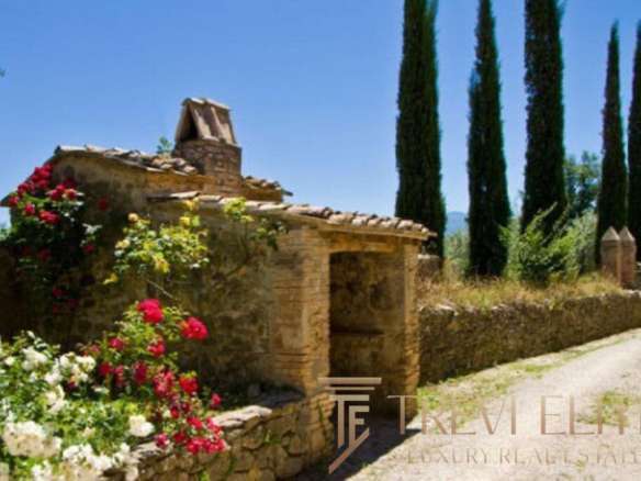 Загородный дом в тосканском стиле с каменной кладкой и цветущими розами, окружённый высокими кипарисами, в живописной итальянской природе. Идеальное место для элитной недвижимости.