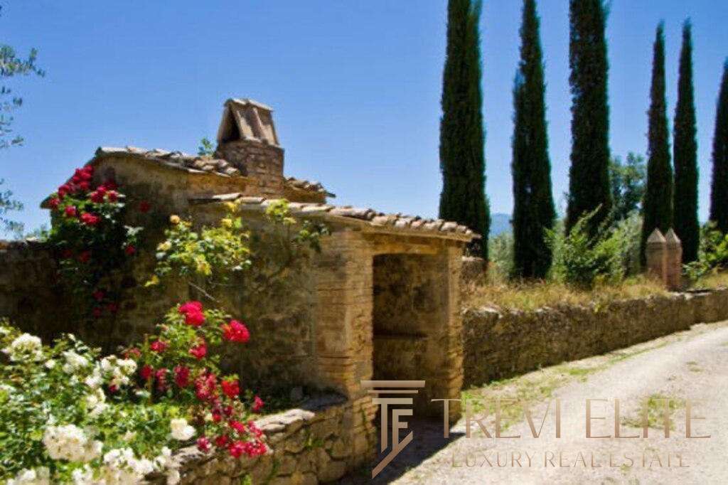 Загородный дом в тосканском стиле с каменной кладкой и цветущими розами, окружённый высокими кипарисами, в живописной итальянской природе. Идеальное место для элитной недвижимости.