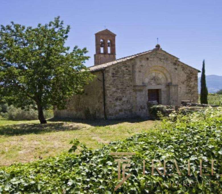 Уникальная старинная церковь на зеленом фоне, окруженная деревьями и кустарниками, в живописной сельской местности. Идеальное место для любителей истории и природы.