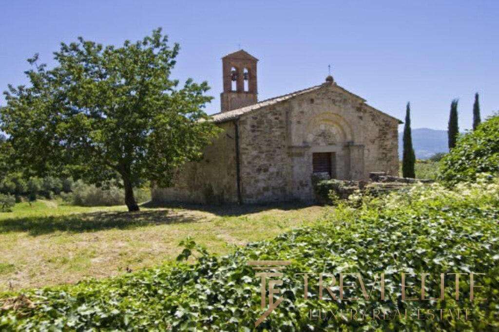 Уникальная старинная церковь на зеленом фоне, окруженная деревьями и кустарниками, в живописной сельской местности. Идеальное место для любителей истории и природы.