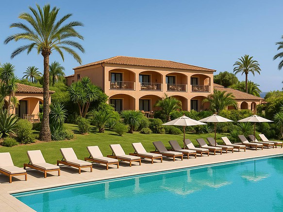 Роскошный курортный комплекс с бассейном, окружённый пальмами и зеленью, на территории элитного жилого комплекса. Идеальное место для отдыха и элитной недвижимости.