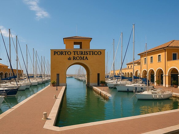 Эксклюзивный порт с яхтами и архитектурой в Италии, зона Porto Turistico di Roma, тема престижных морских районов и элитных объектов.