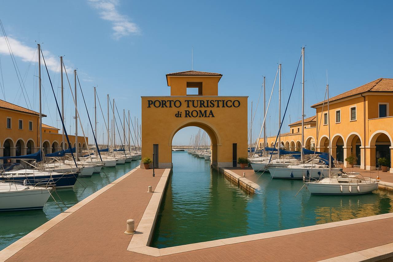 Эксклюзивный порт с яхтами и архитектурой в Италии, зона Porto Turistico di Roma, тема престижных морских районов и элитных объектов.