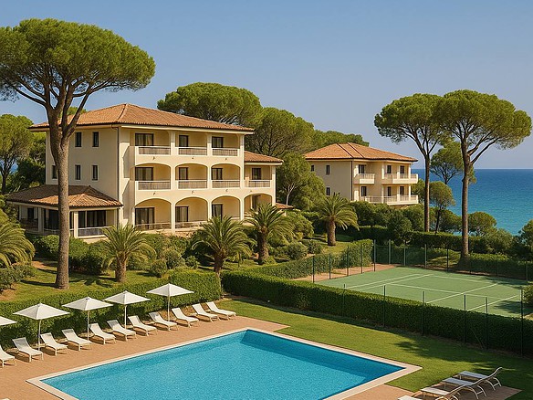 Элитное жилье с бассейном и теннисным кортом на фоне зелени и моря. Роскошные апартаменты в престижном районе, идеально для отдыха и отдыха на море. Высокий уровень комфорта и эксклюзивность.