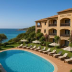 Роскошное жилое здание с бассейном у моря, живописный пейзаж с зеленым садом и видом на море, итальянская архитектура, эксклюзивная недвижимость премиум класса для элитного отдыха.