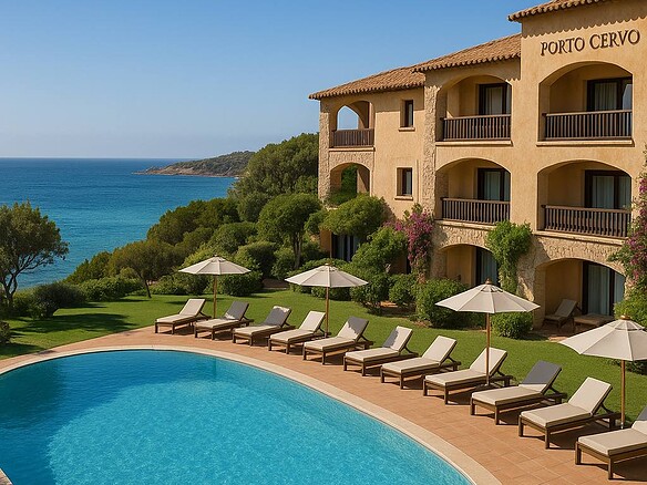 Роскошное жилое здание с бассейном у моря, живописный пейзаж с зеленым садом и видом на море, итальянская архитектура, эксклюзивная недвижимость премиум класса для элитного отдыха.