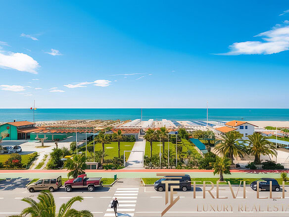 Высококлассный морской пейзаж, вид на пляж и зеленую территорию гостевого комплекса с пальмами под ярким солнцем и голубым небом.