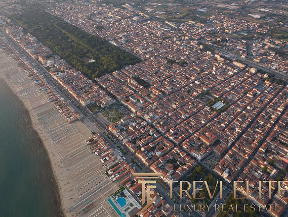 Высокий вид на прибрежный город с зелеными парками, уютными домами и пляжной зоной возле моря, демонстрирующий престижные объекты недвижимости и туристическую привлекательность.