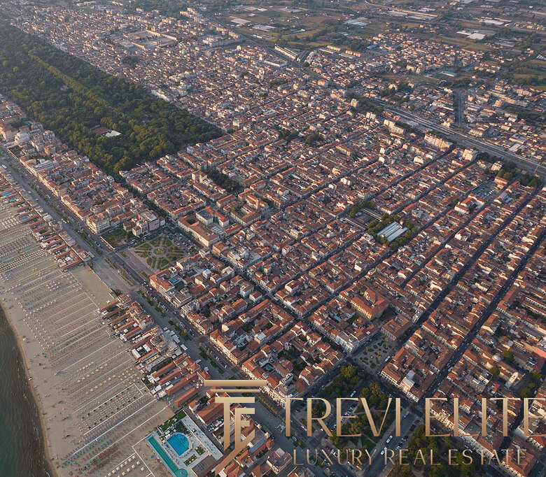 Высокий вид на прибрежный город с зелеными парками, уютными домами и пляжной зоной возле моря, демонстрирующий престижные объекты недвижимости и туристическую привлекательность.