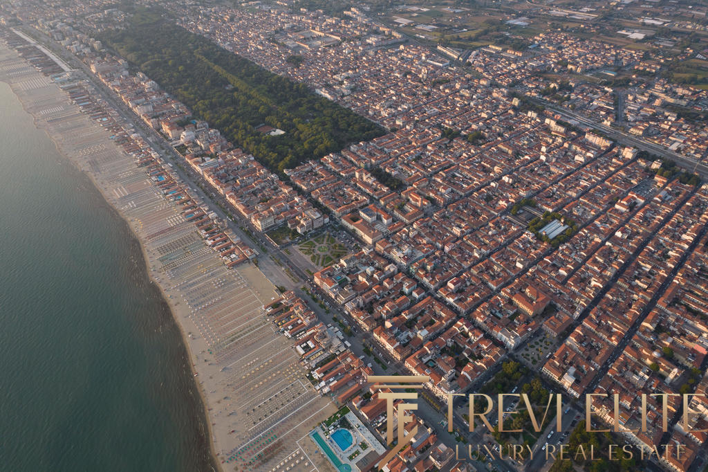 Высокий вид на прибрежный город с зелеными парками, уютными домами и пляжной зоной возле моря, демонстрирующий престижные объекты недвижимости и туристическую привлекательность.