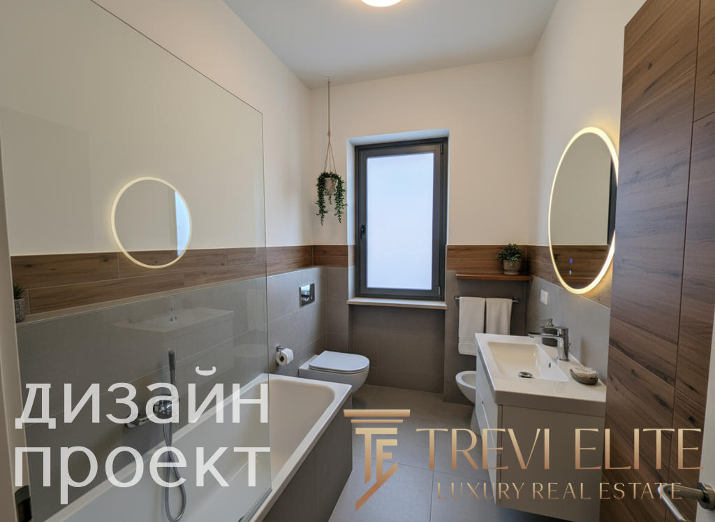 современный стиль ванной комнаты с белой сантехникой и деревянными панелями, просторное помещение с окном и зеркалами с подсветкой, дизайн интерьера в эко-стиле для элитной недвижимости.
