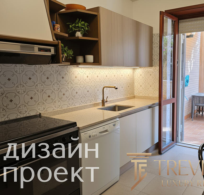 Современная кухня с выходом на уютную террасу, оборудованную для отдыха и обедов на свежем воздухе, светлые кухонные фасады и стильное оформление создают приятную атмосферу.