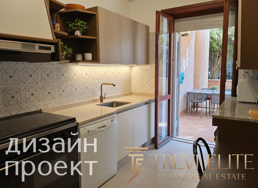 Современная кухня с выходом на уютную террасу, оборудованную для отдыха и обедов на свежем воздухе, светлые кухонные фасады и стильное оформление создают приятную атмосферу.