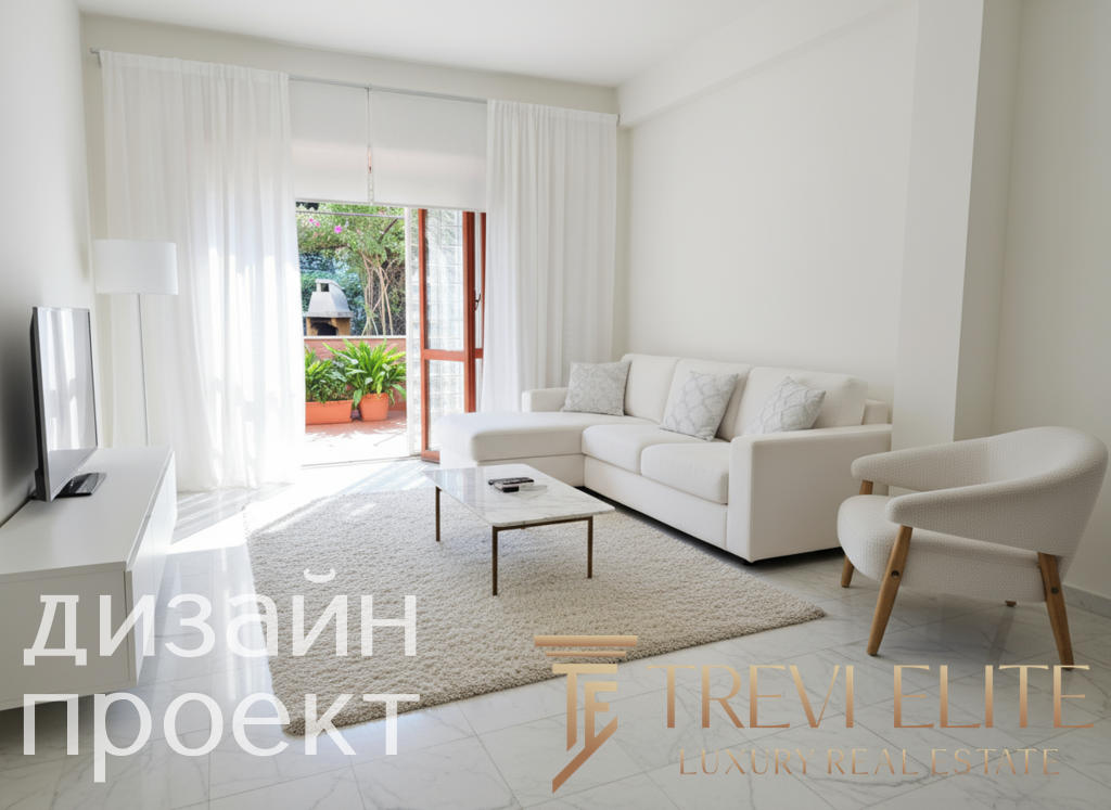 Современная светлая гостиная с белой мебелью и большим окном, выходящим на балкон с зеленью, идеальное решение для уютного домашнего интерьера.