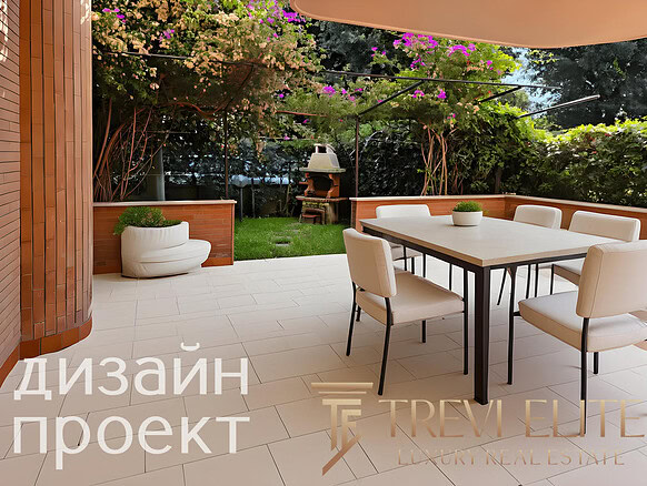 Стильная открытая терраса с обеденной зоной и зоной отдыха, окруженная зеленью и цветущими растениями, с каменной мебелью и грилем, идеально подходит для уютных вечеров на свежем воздухе.