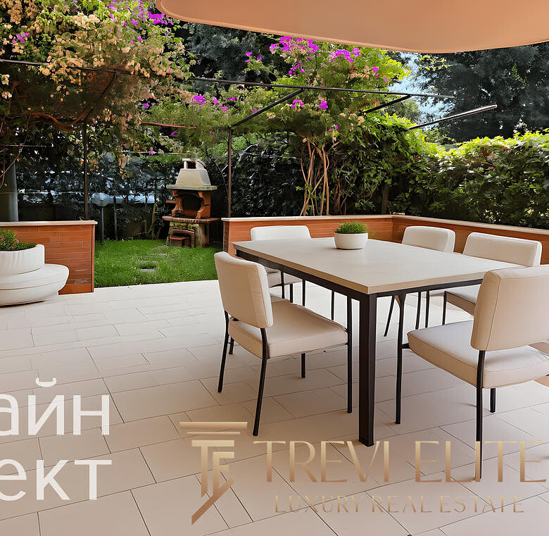 Стильная открытая терраса с обеденной зоной и зоной отдыха, окруженная зеленью и цветущими растениями, с каменной мебелью и грилем, идеально подходит для уютных вечеров на свежем воздухе.