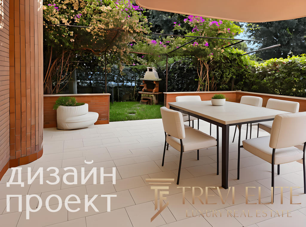 Стильная открытая терраса с обеденной зоной и зоной отдыха, окруженная зеленью и цветущими растениями, с каменной мебелью и грилем, идеально подходит для уютных вечеров на свежем воздухе.